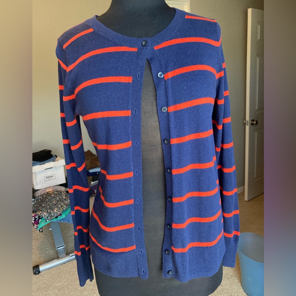 Old Navy blue and orange striped cardigan, size small